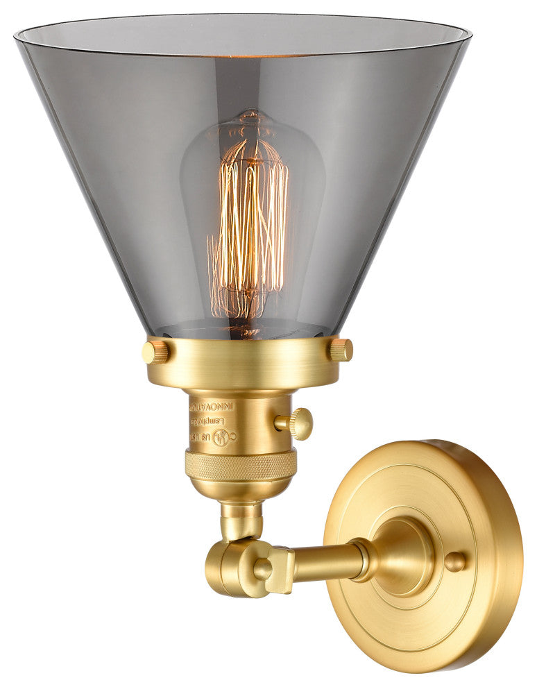 Cone Sconce With Switch, Satin Gold, Plated Smoke