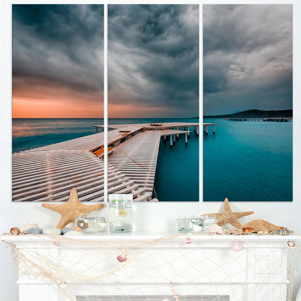 "Pier in Ocean in Cloudy Day" Photo Canvas Print, 3 Panels, 36"x28"