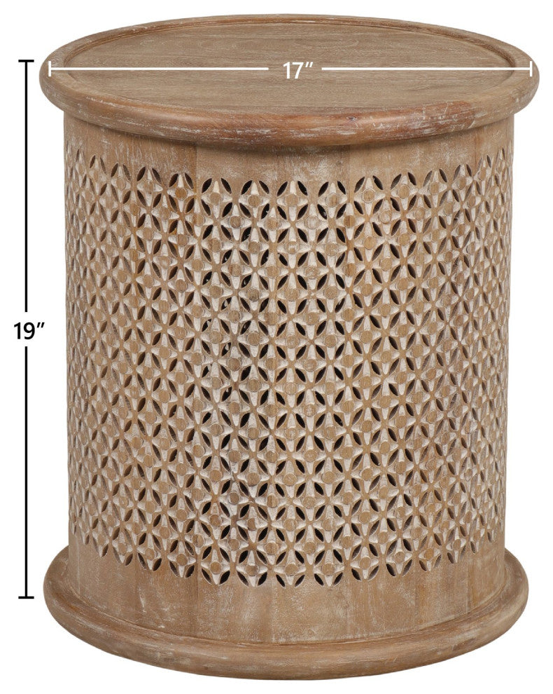Sumter 17"Diameter Mango Wood Drum Side Table, Brown/White