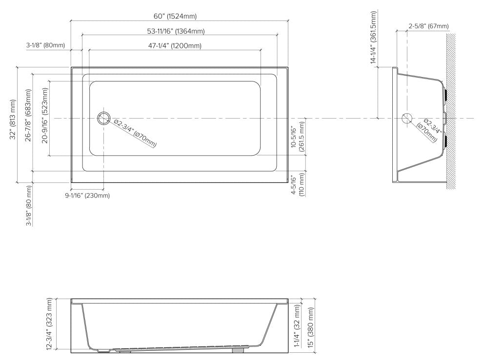 Ursula 60x32x15 Alcove Acrylic Tub, Left Drain