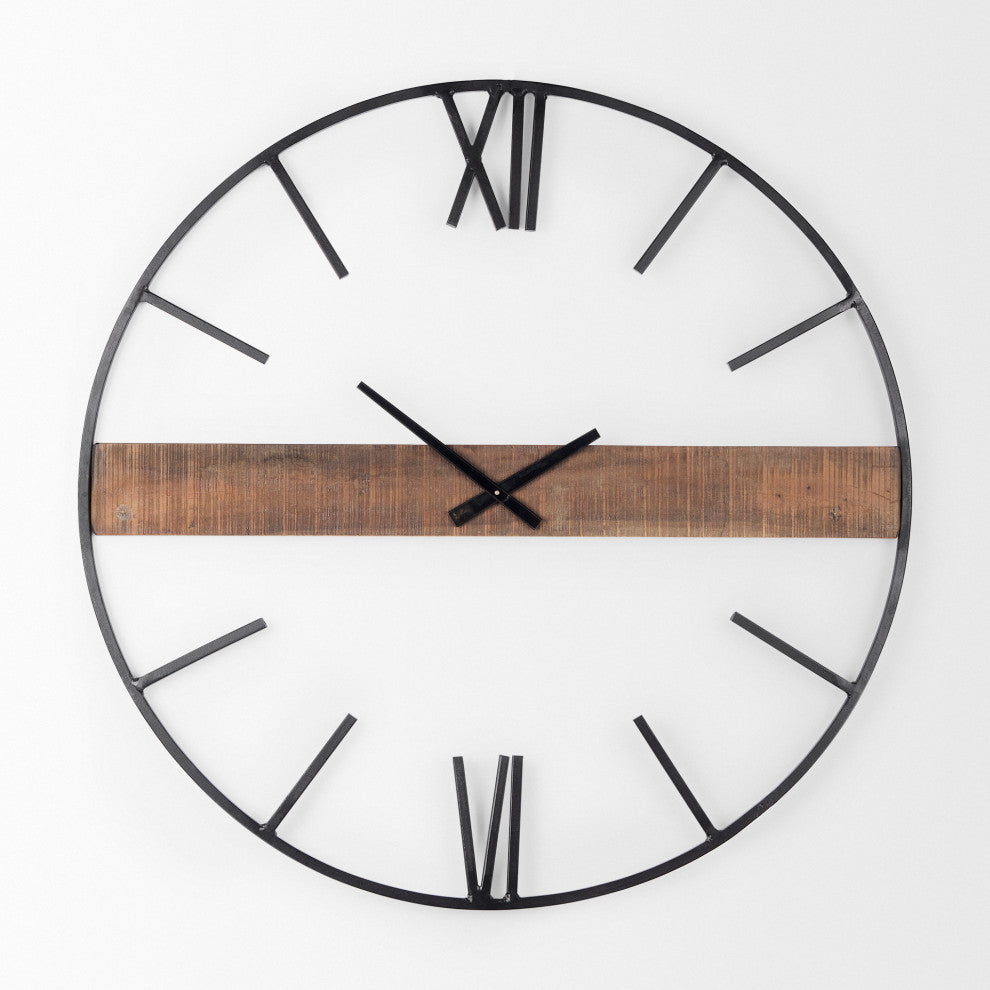 Roman Black Metal and Brown Wood 36" Round Wall Clock