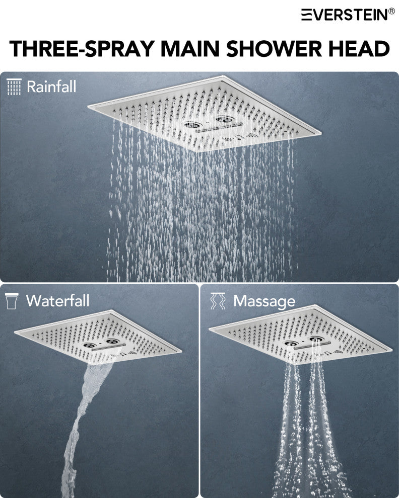 Music Shower System 16x6"Rainfall LED Shower Head With4 Way Thermostatic Faucet, Brushed Nickel