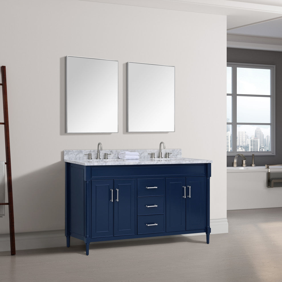 Avanity Bristol 60" Vanity Combo in Navy Blue and Carrara White Marble Top