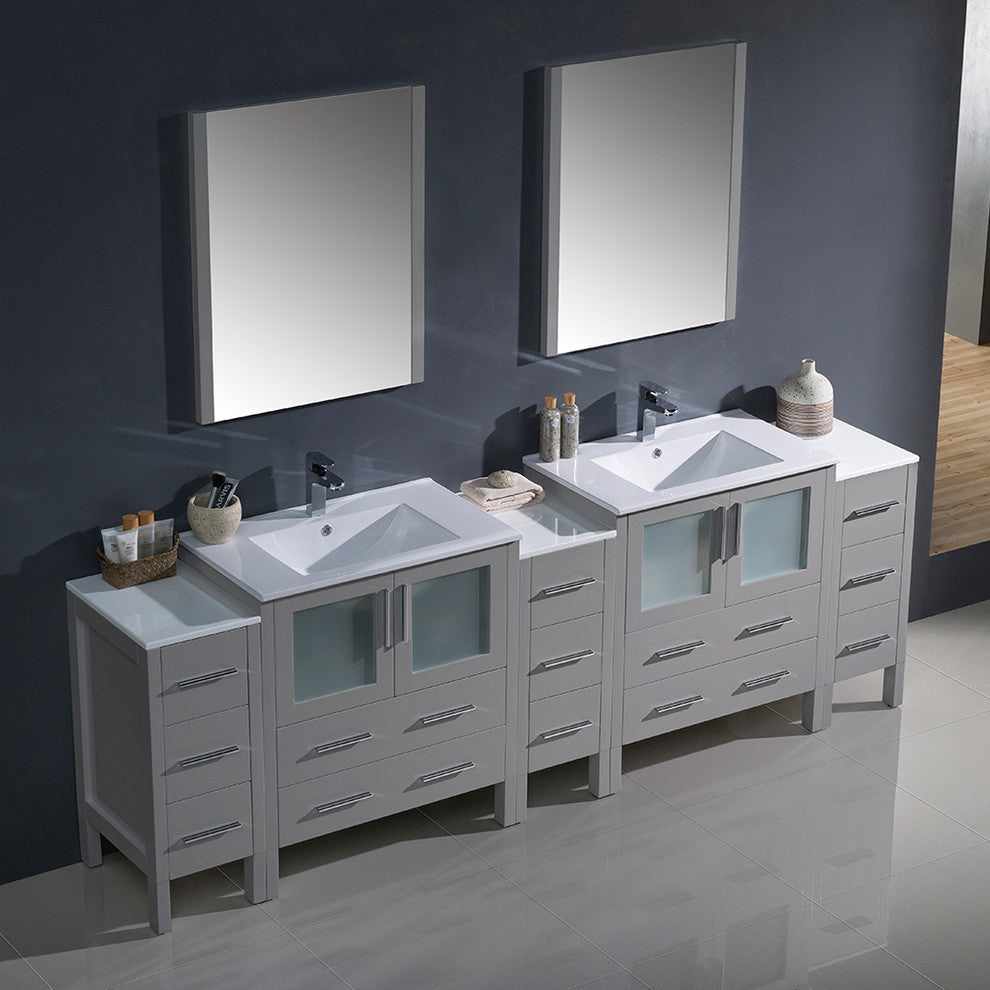 96" Gray Double Sink Bathroom Vanity With 3 Side Cabinets, Faucet, FFT9151BN
