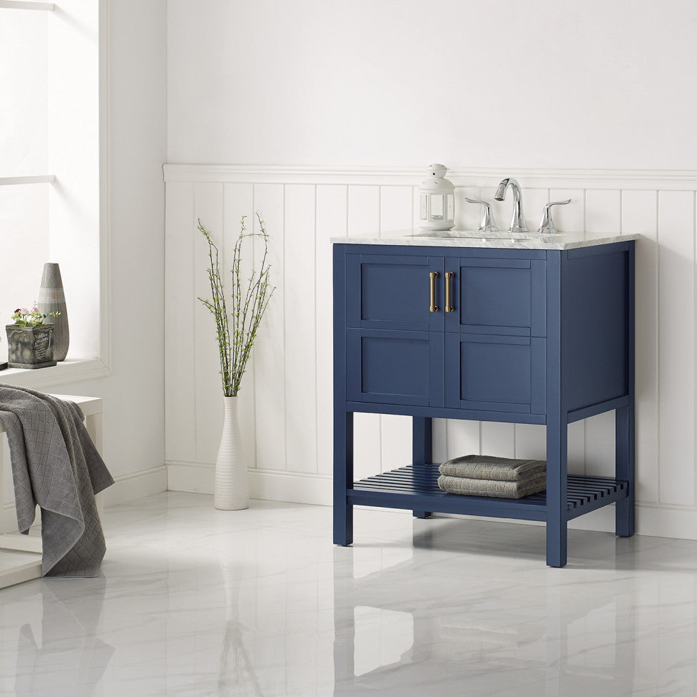 30" Vanity in Royal Blue with Carrara White Marble Countertop Without Mirror