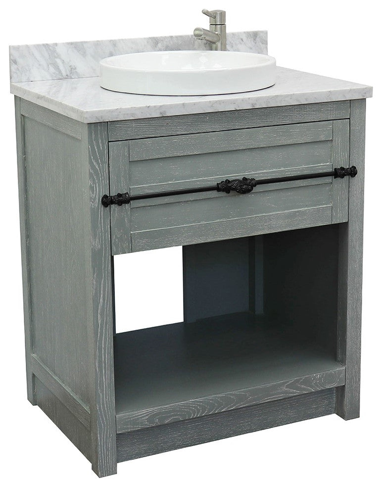 30" Single Vanity, Gray Ash, White Carrara Top, Round Sink