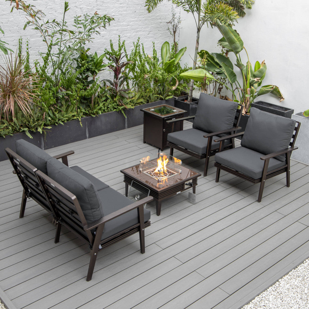 LeisureMod Walbrooke Patio Conversation Set With Fire Pit Table, Charcoal