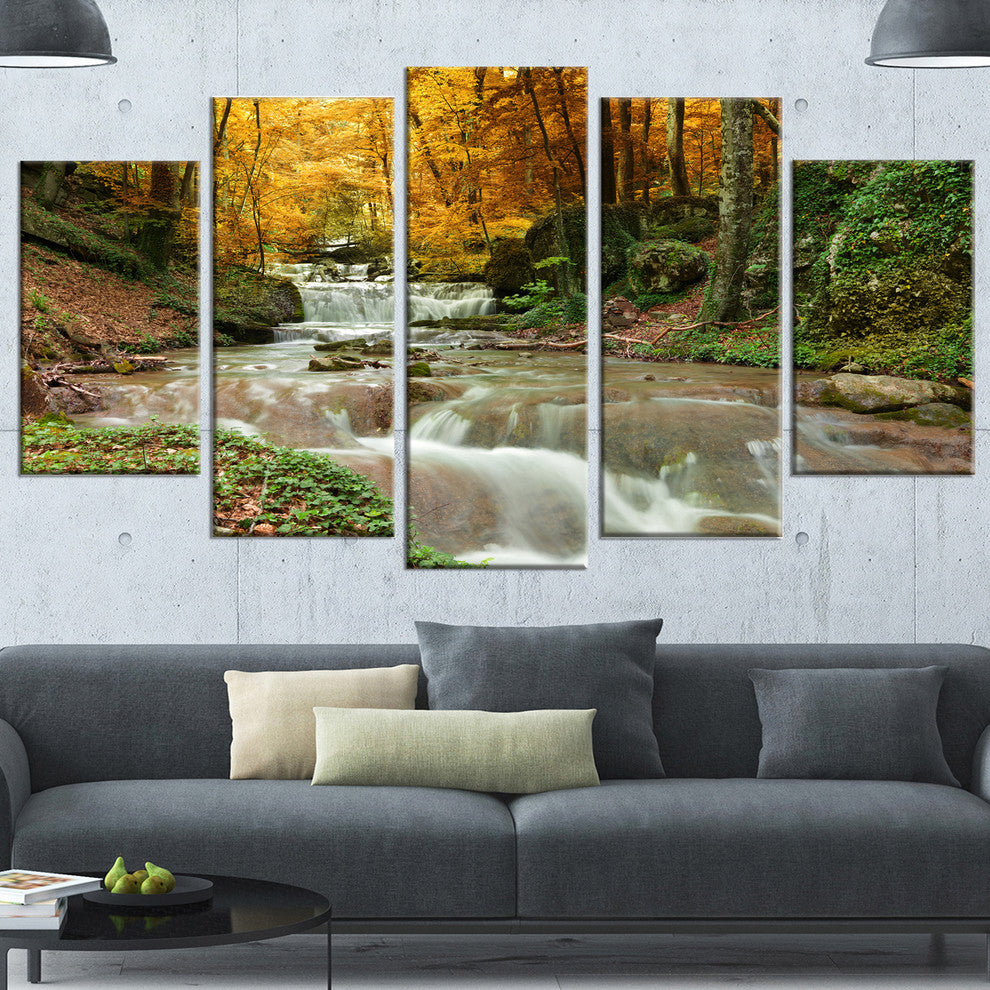 Forest Waterfall with Yellow Trees, Landscape Canvas Print, 60"x32", 5 Panels