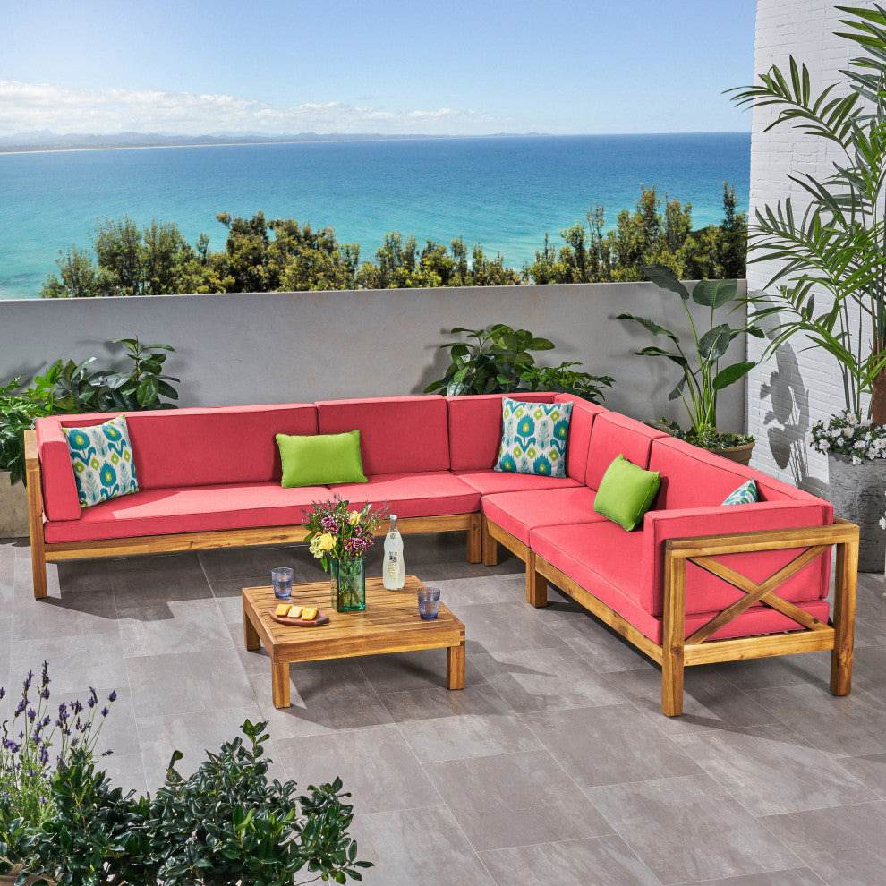 Bunny Outdoor 7 Seater Acacia Wood Sectional Sofa Set, Red
