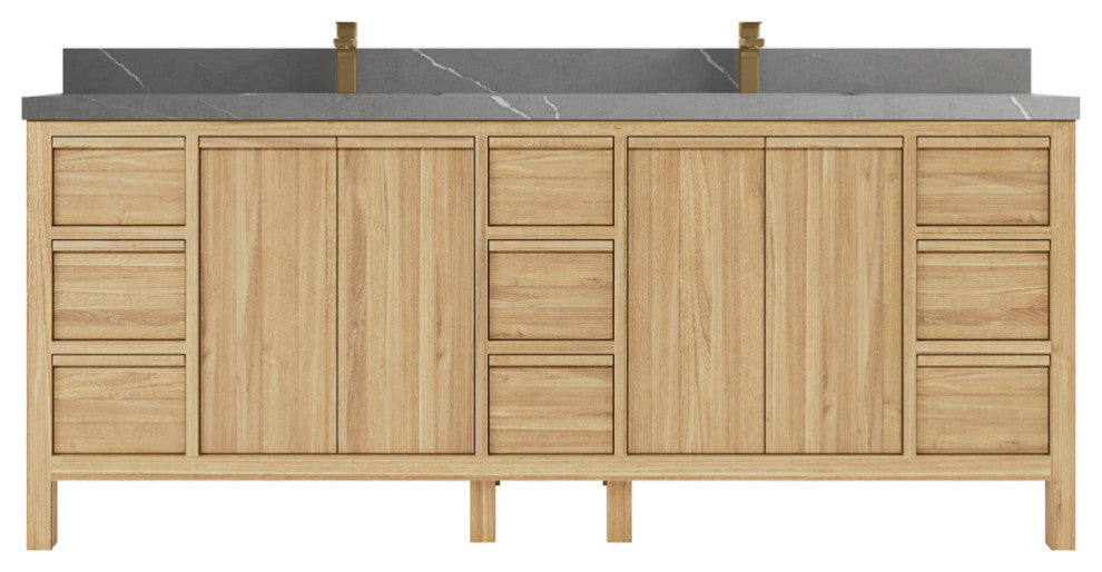 Elizabeth 84 Double Sink Bath Vanity in Light Natural Teak 2" Piatra Gray