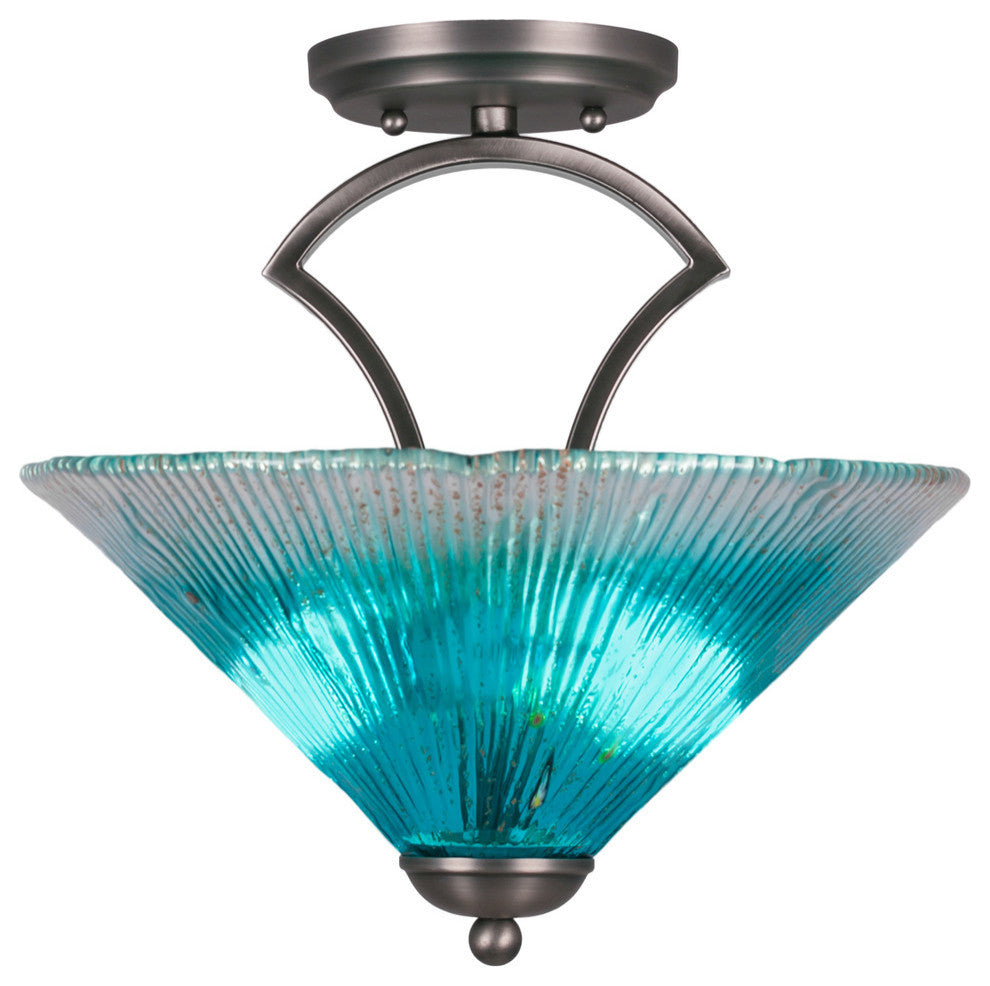 Zilo Semi Flush With 2 Bulbs, Graphite Finish With 12" Teal Crystal Glass