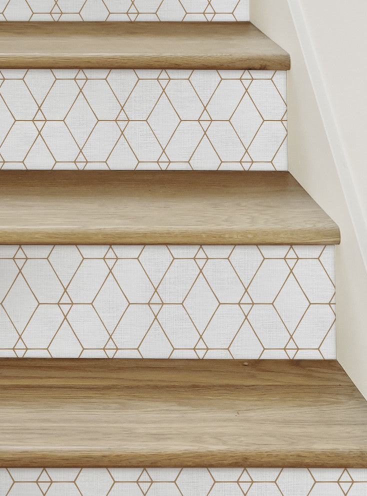 Hexagon Geometric Art Deco Lines Peel and Stick Stair Riser Strips, Off White, 48"w X 6"h, 6 Pack