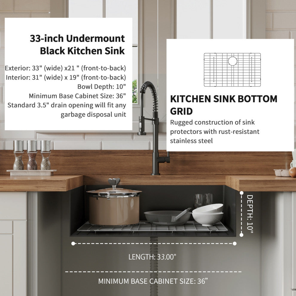 Undermount Single Bowl Stainless Steel Kitchen Sink, Gunmetal Black, 33 X 21