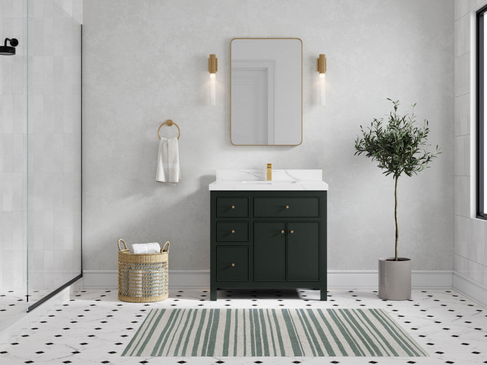 Sonoma 36 Center Sink Reeded Bath Vanity in Dark Forest Green 2" Calacatta Laza