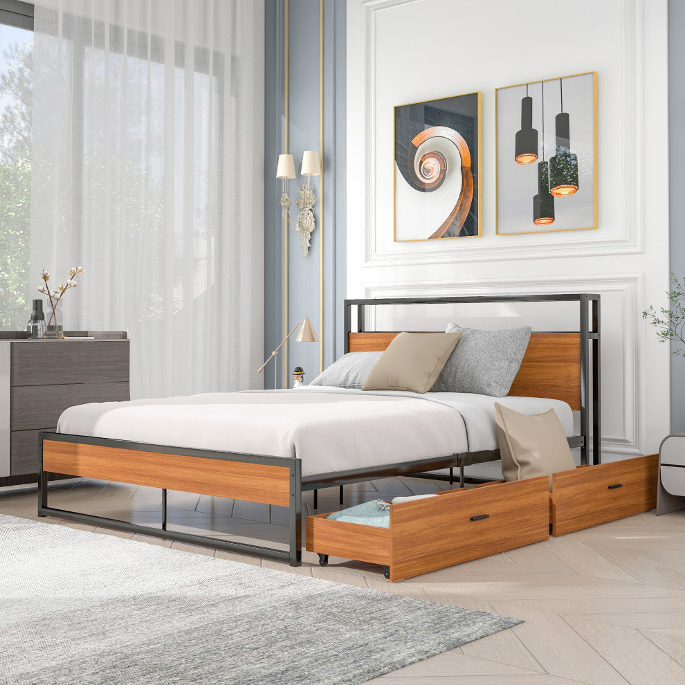 Full/Queen Metal Frame Wood Platform Bed with Two Drawers,Sockets and USB Ports,