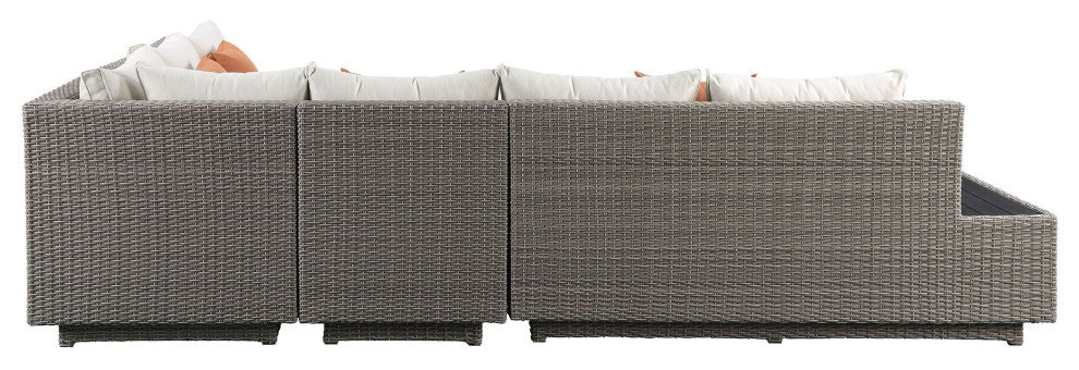 Benzara BM214890 7 Piece Patio Sectional Sofa Set With Plinth Base, Gray/Beige