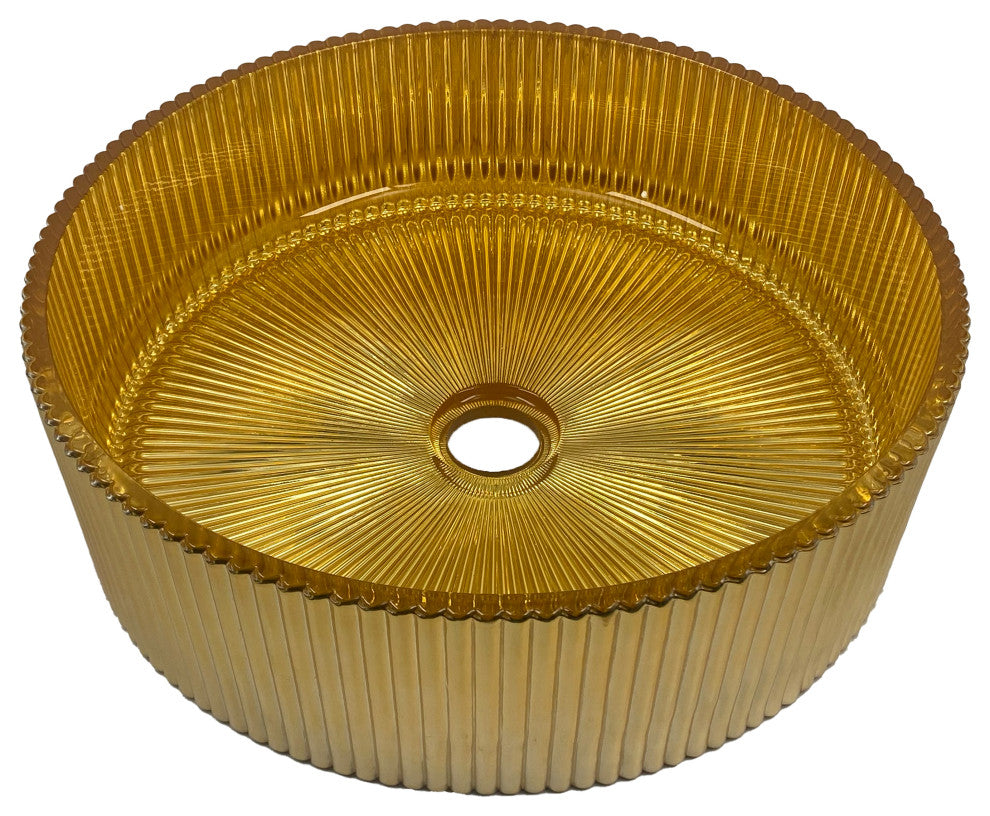 CastelloUSA Cowrie Tempered Glass Crystal Round Bathroom Vessel Sink, Gold, 16"