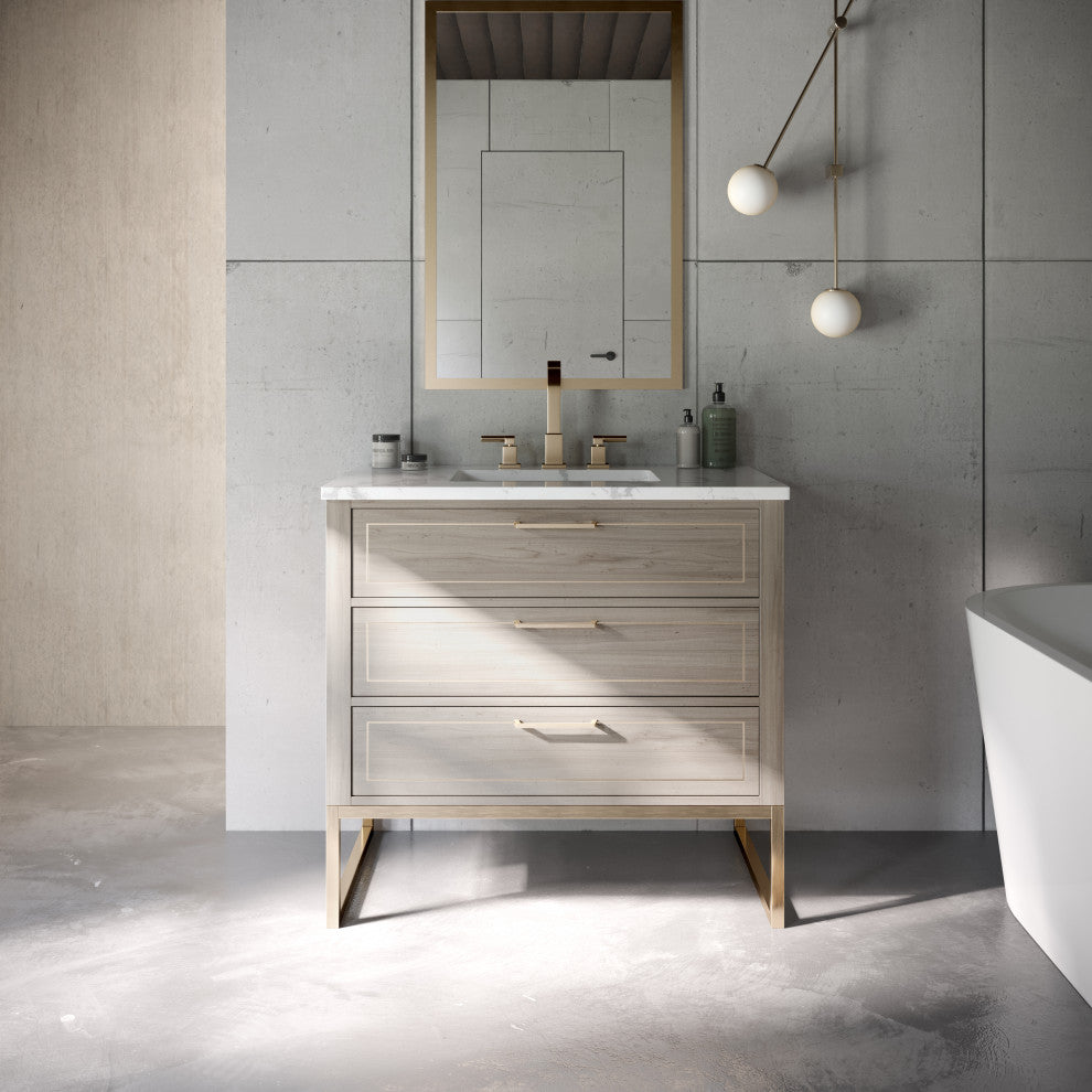 Markham 36" Single Bath Vanity Set, Cashmere Gray/Satin Brass, Quartz Countertop