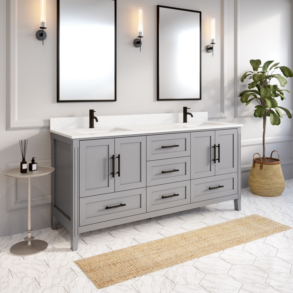 Houston 72" Double Vanity With Power Bar and Drawer Organizer, Oxford Gray