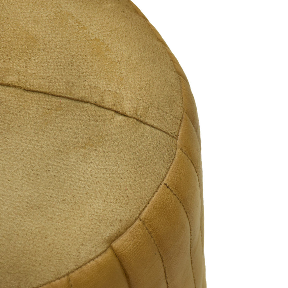 Poufs-Solid Handmade Goat Leather Pouf, Recycled Cotton Fill, Beige, Round, 16x16x16