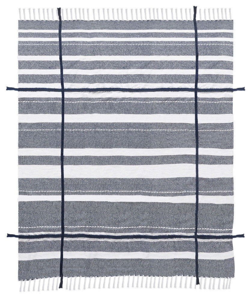 Horizontal Striped and Textured Throw Blanket with Fringe
