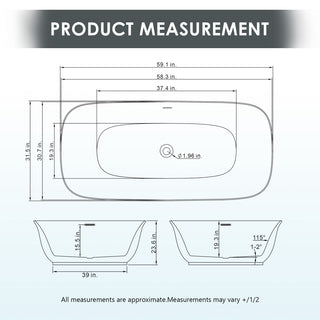 Sarnia Flat Bottom Freestanding Acrylic Soaking Bathtub, 59"