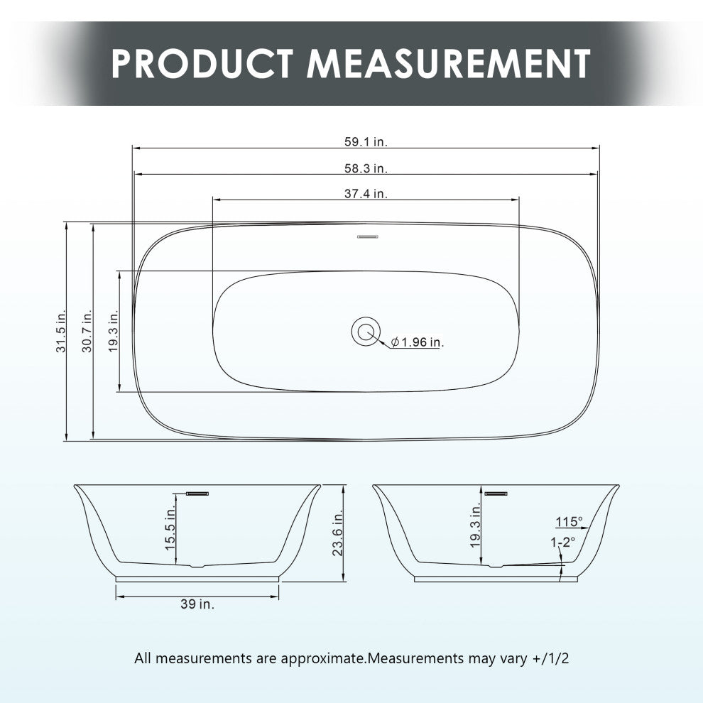 Sarnia Flat Bottom Freestanding Acrylic Soaking Bathtub, 59"