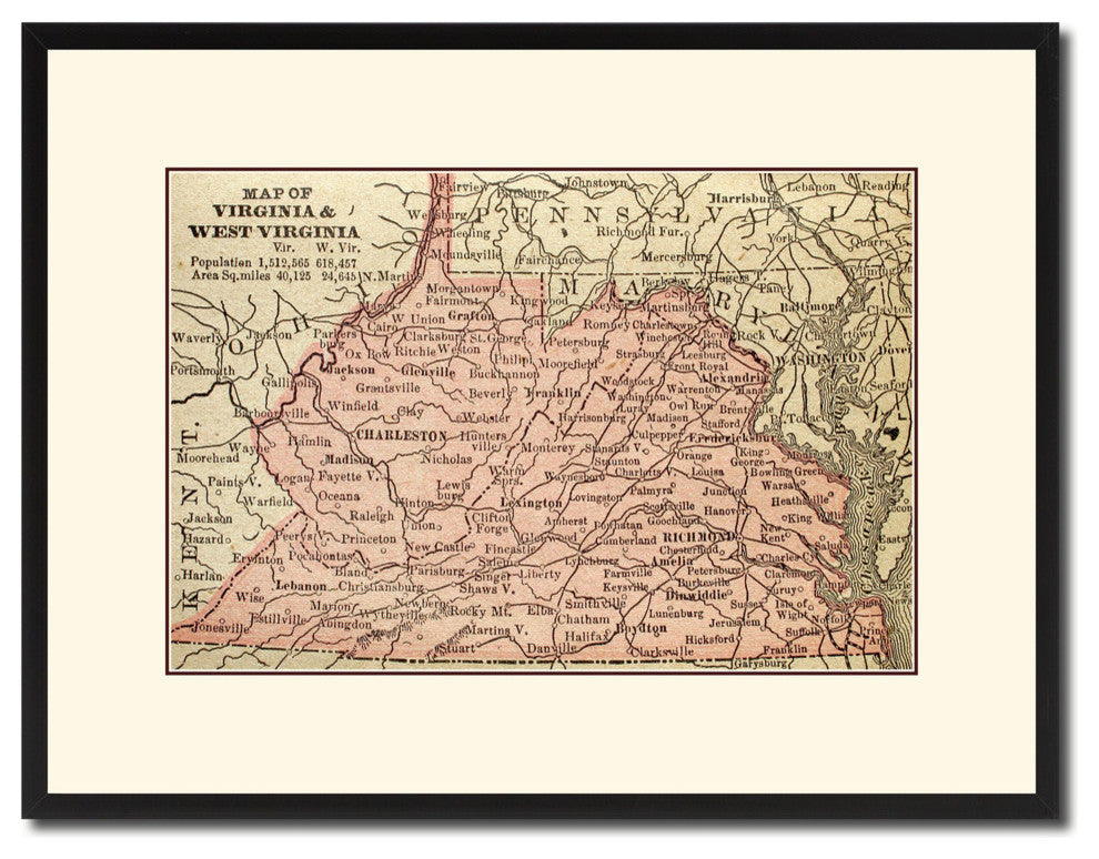 Virginia, West Virginia Vintage Map Print On Canvas With Picture Frame 16" X 21"
