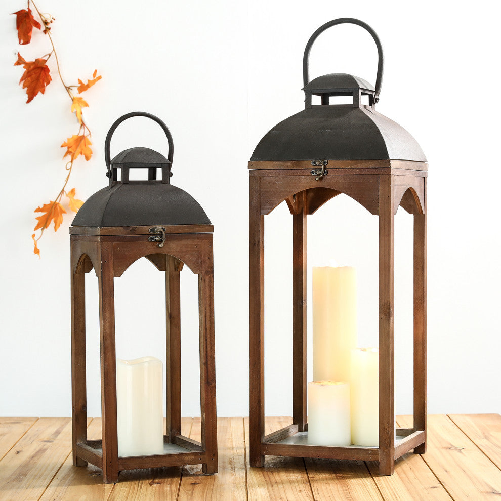 Set of 2 Farmhouse Wooden Lantern, Brown