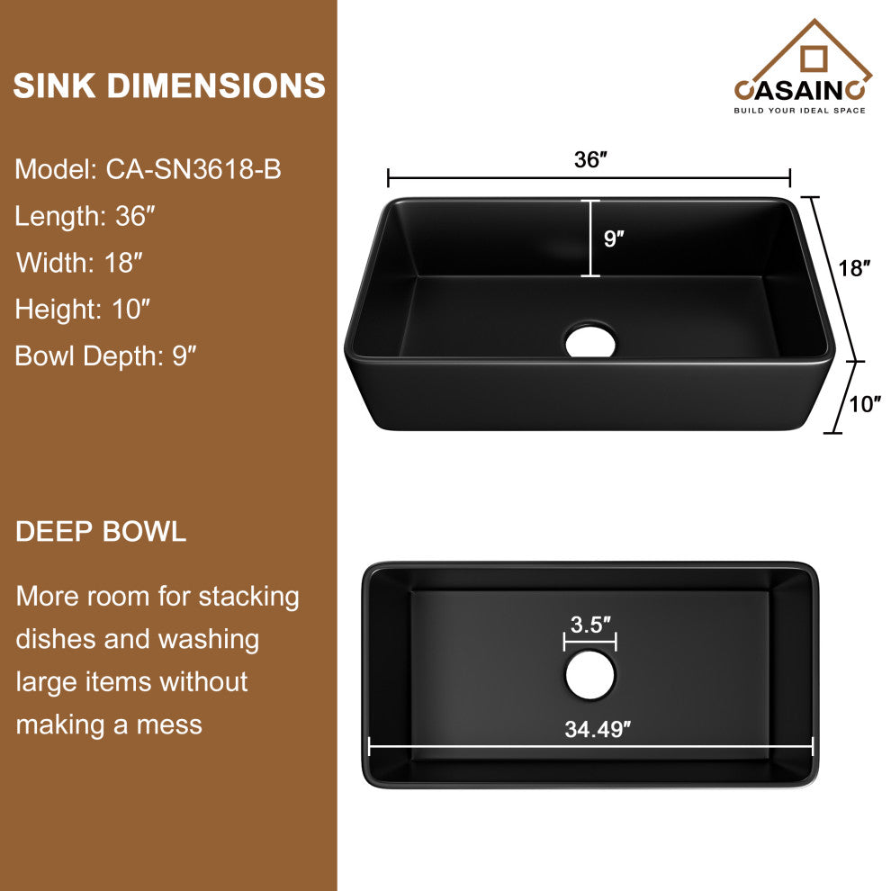 Fireclay 36inch Single Bowl Farmhouse Apron Kitchen Sink with Bottom Grid, 36
