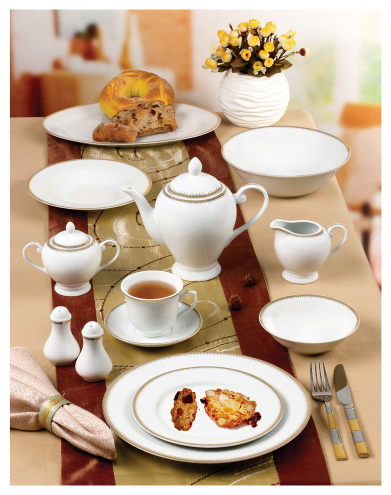 57 Piece Gold Border Porcelain Dinnerware Set-Service for 8-Georgette