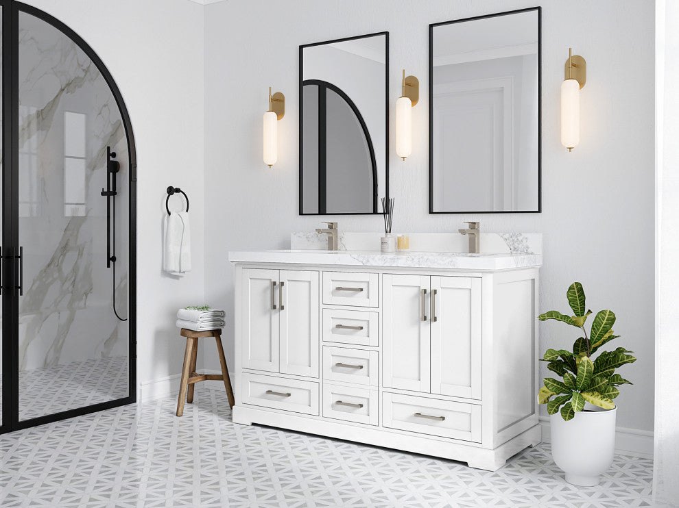 Boston 60 Double Bathroom Vanity in White 2" Carrara Marble