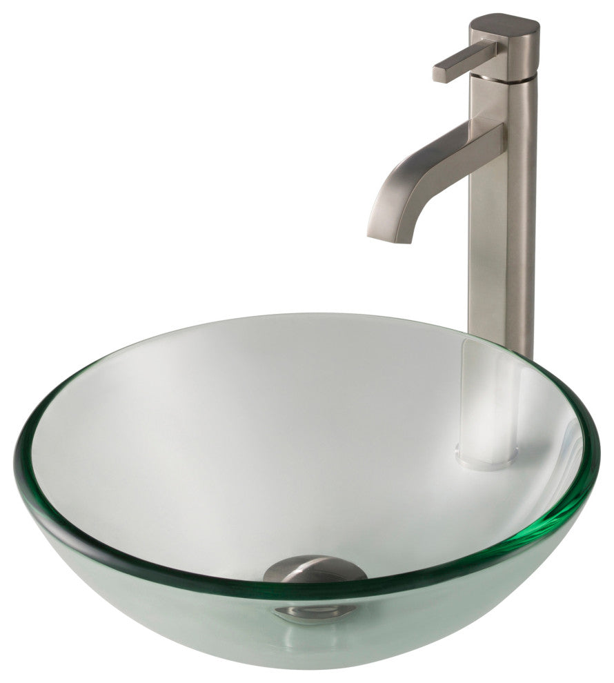 Glass Vessel Sink, Bathroom Ramus Faucet, PU Drain, Mounting Ring, Nickel