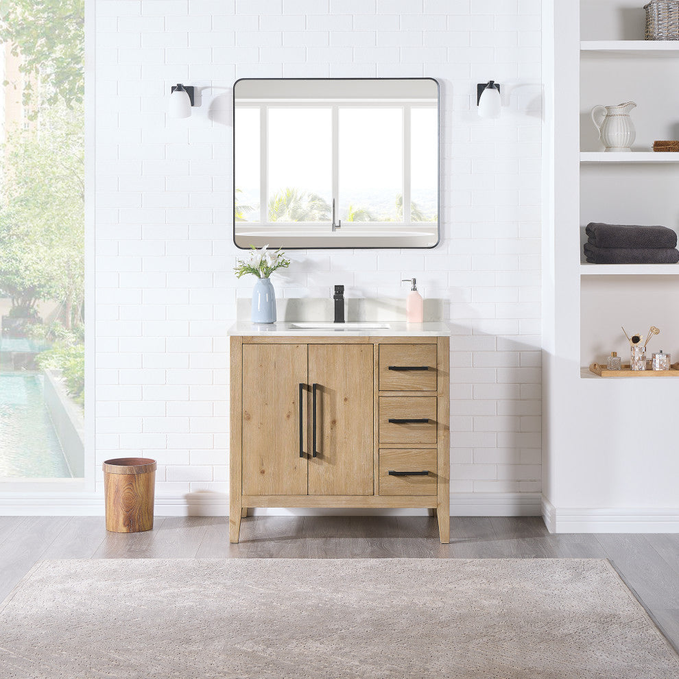 Laurel Bathroom Vanity with Calacatta White Quartz Stone Countertop, Weathered Fir, 36", With Mirror