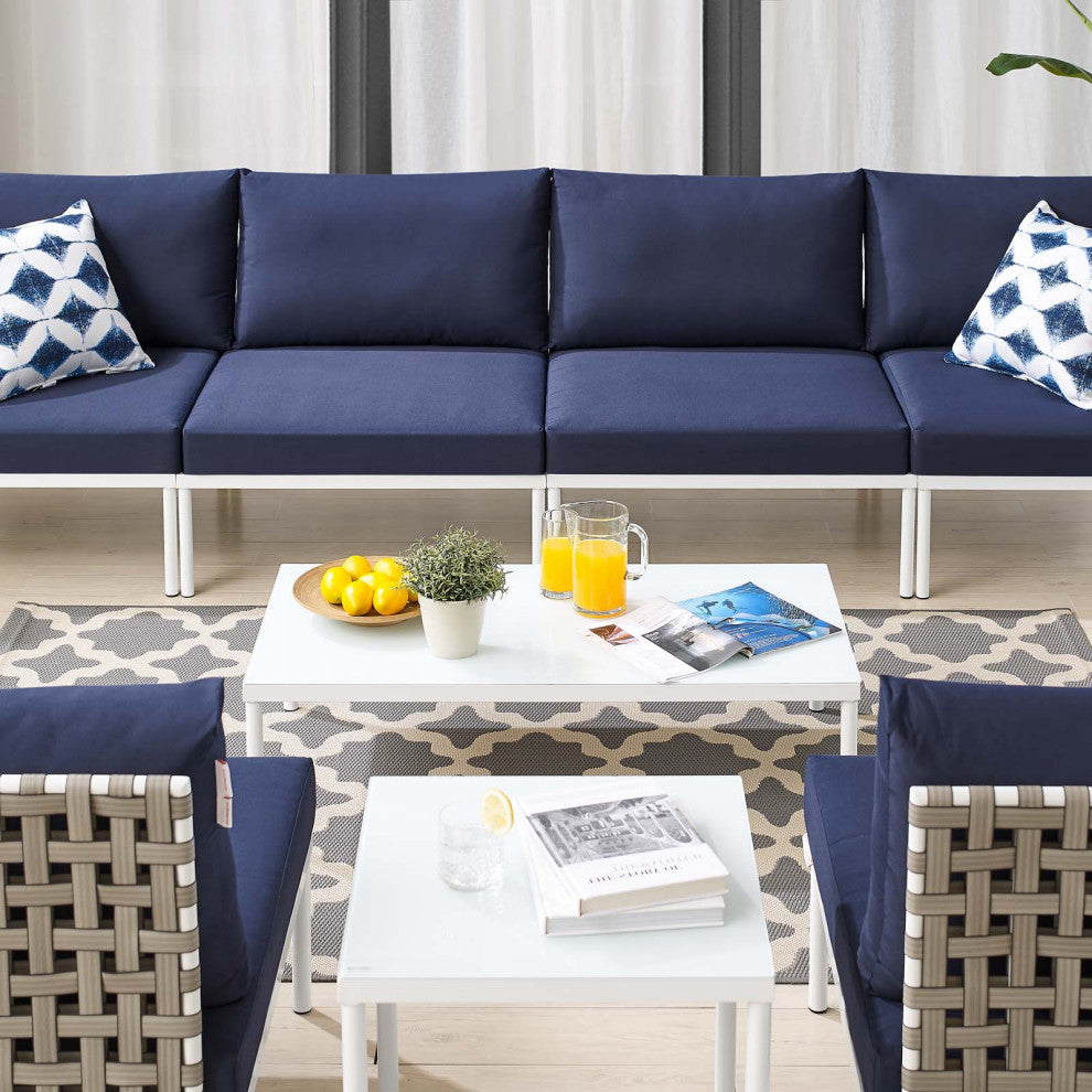 Lounge Sectional Sofa Chair Table Set, Sunbrella, Aluminum, Blue Navy, Outdoor