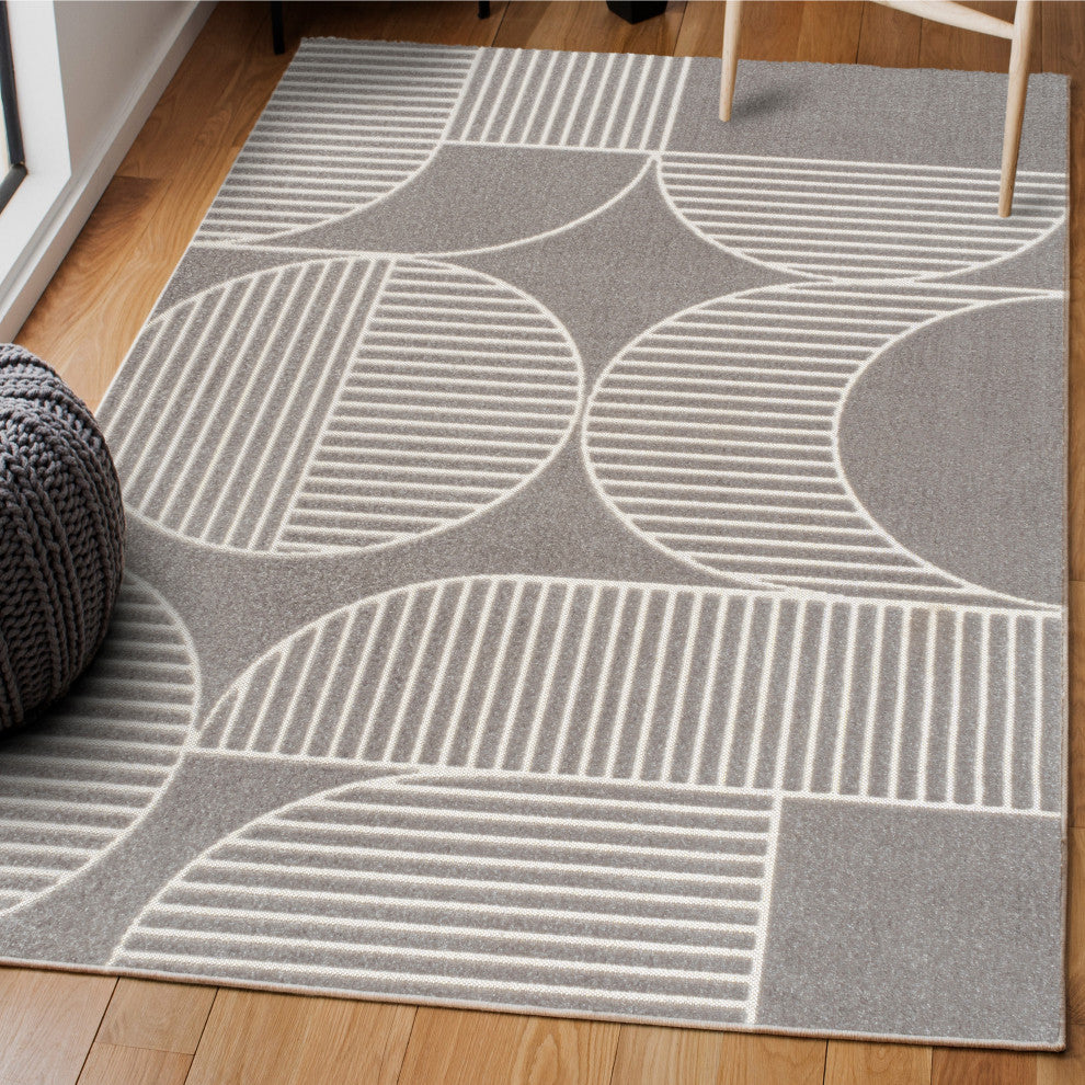 High-Low Arch Scandi Striped Gray/Cream 4 ft x 6 ft Indoor/Outdoor Area Rug