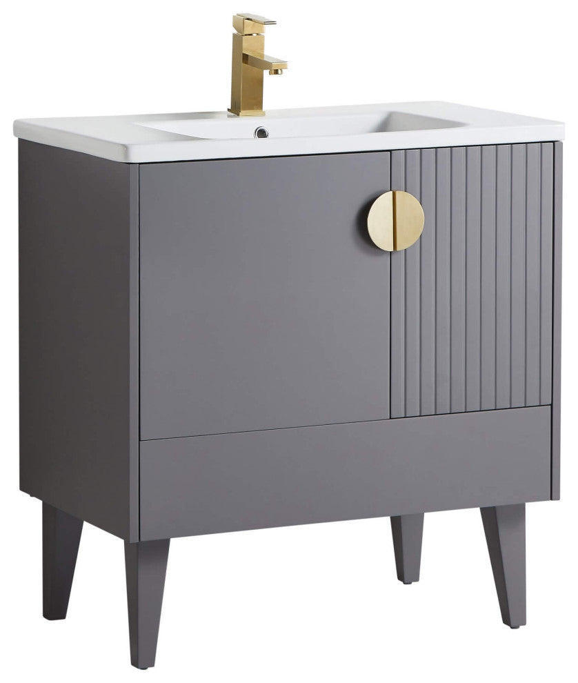 Venezian Single Bathroom Vanity, Rock Gray, 30", Satin Brass Handles, One Sink