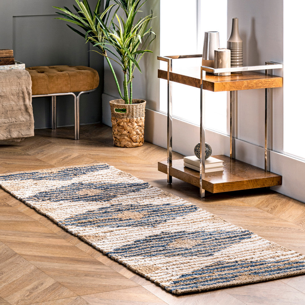 Nuloom Hand Braided Denim and Jute Striped Diamonds Area Rug, Off White 2'6"x8'