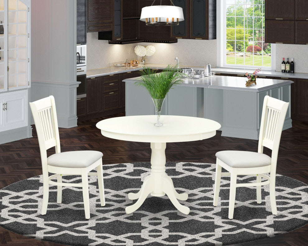 3Pc Dining Set 2 Chairs, Kitchen Table Seat, Slatted Chair Back Linen White