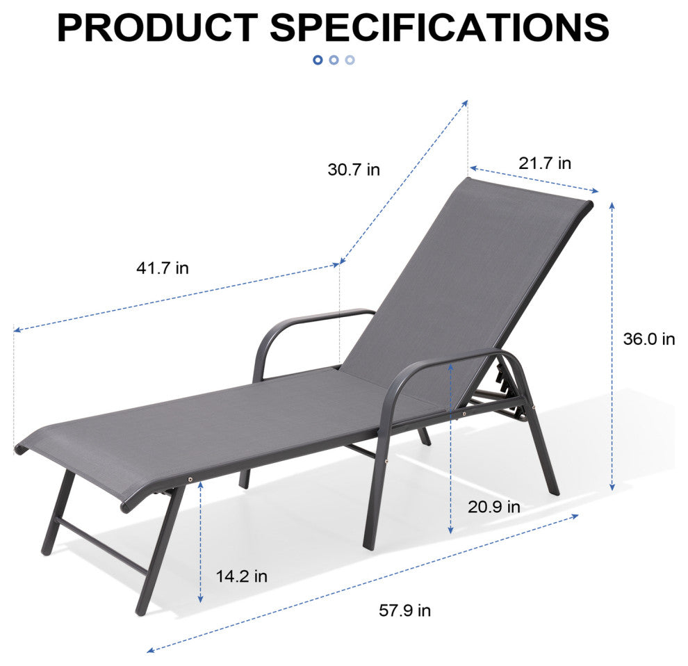 Aluminum Chaise Lounge Chair, Adjustable Outdoor Recliner, Gray