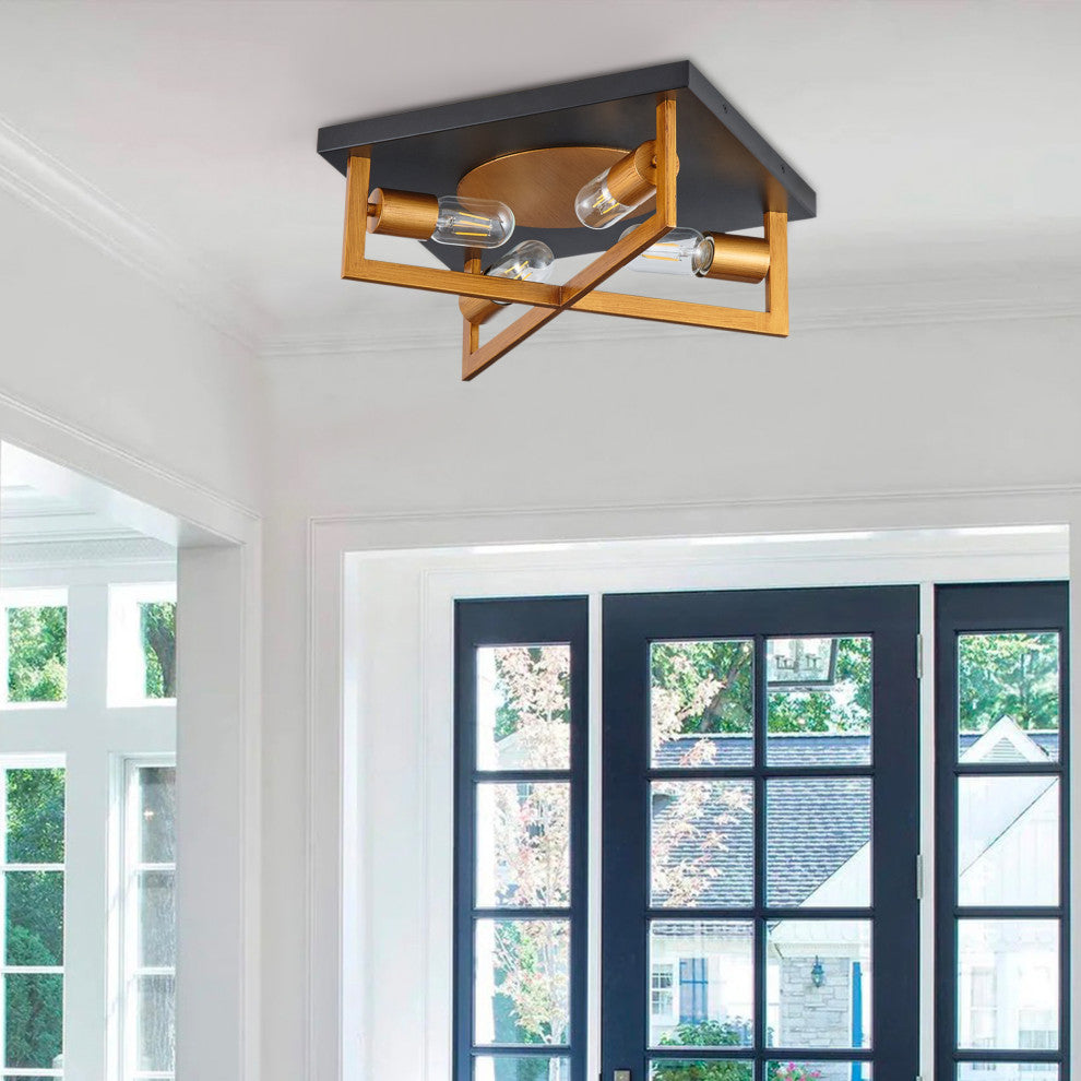 Matte Black and Brushed Gold Metal Frame Cage Flush Mount Ceiling Light