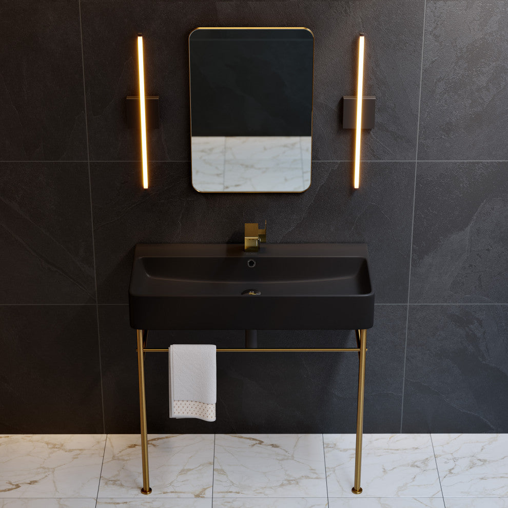 Carre 36" Ceramic Console Sink Matte Black Basin Gold Legs, Brushed Gold