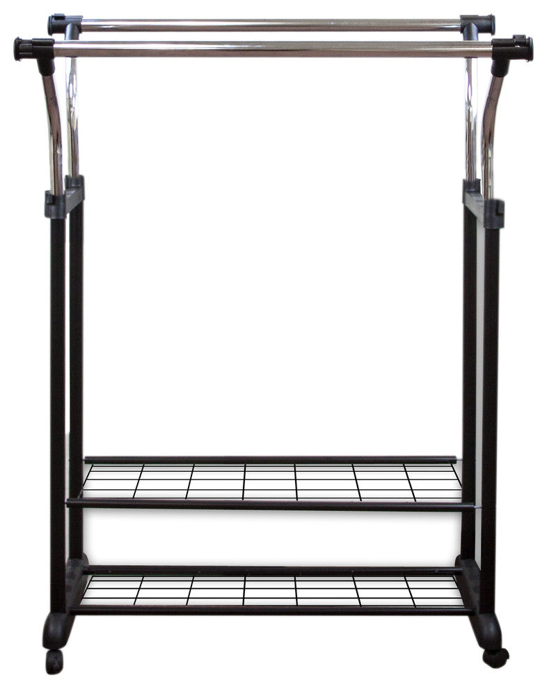 Mobile Double Rail Clothes Rack With Utility Shelves