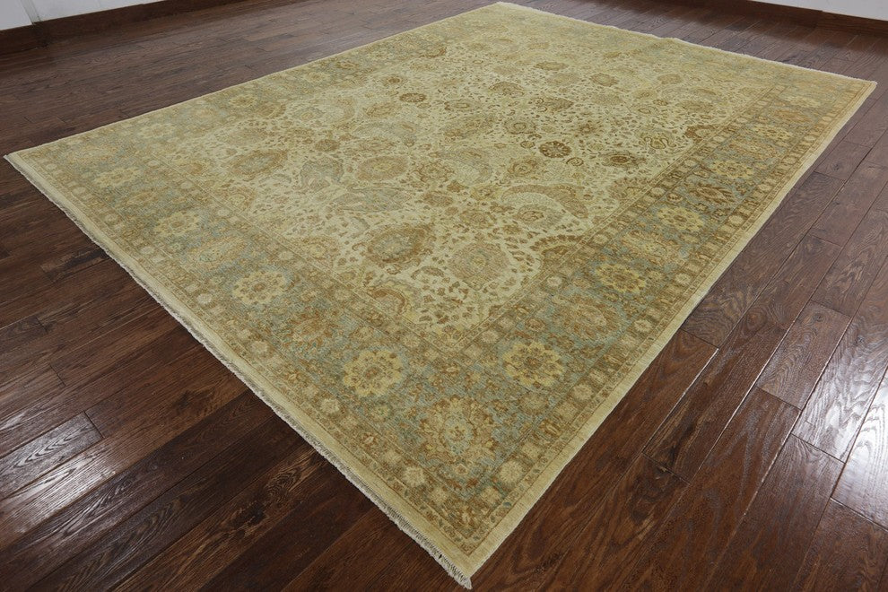 Oriental Hand-Knotted Ivory Chobi Peshawar Wool Rug, 9'x12'