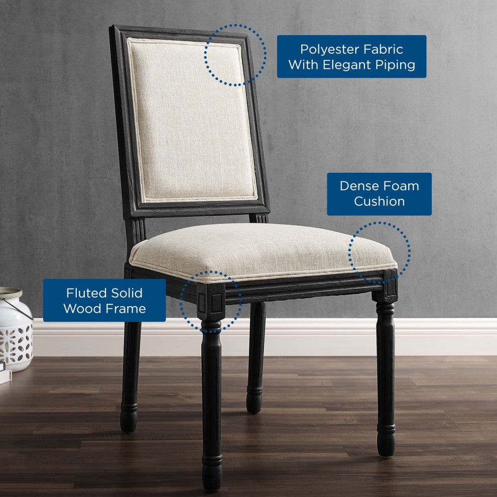 French Vintage Side Dining Chair, Fabric, Wood, Black Beige, Modern, Cafe Bistro