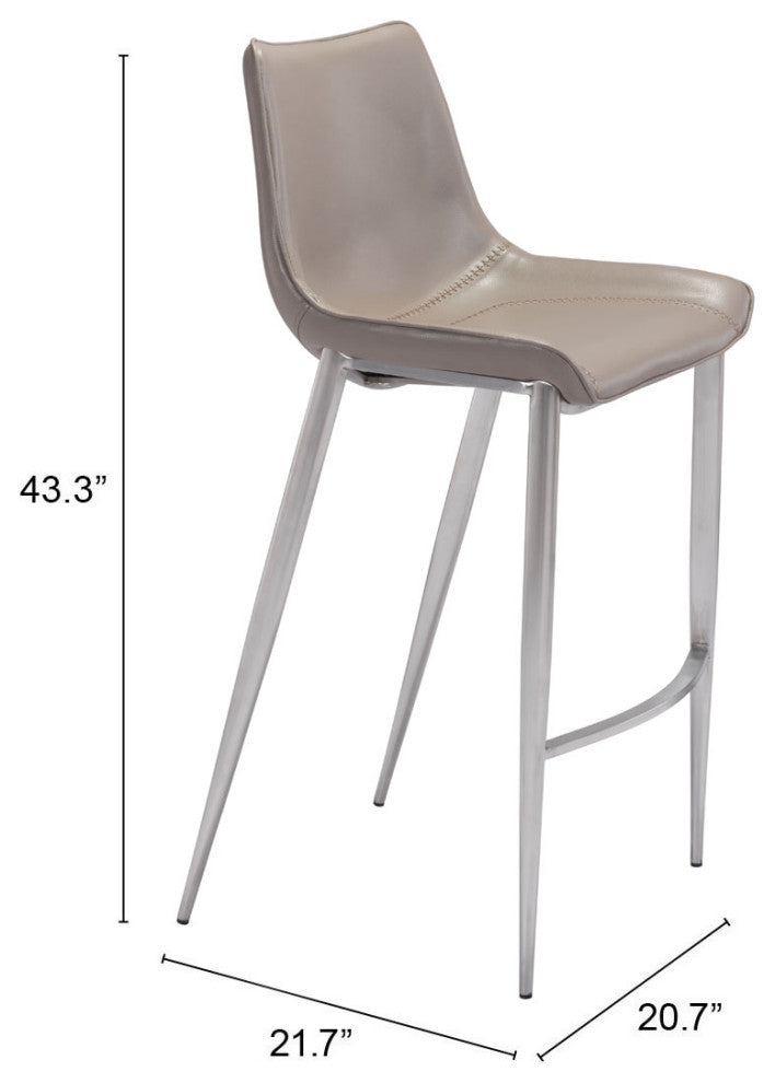 Bar Stool Chair, Set of 2, Faux Vinyl Leather, Steel, Gray, Silver
