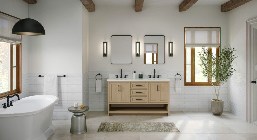 The Asher Bathroom Vanity, Oak, 55", Double Sink, Freestanding
