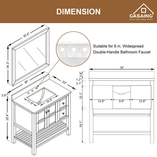 Single Sink Solid Wood Bath Vanity with Natural Marble Top and Mirror, 36in