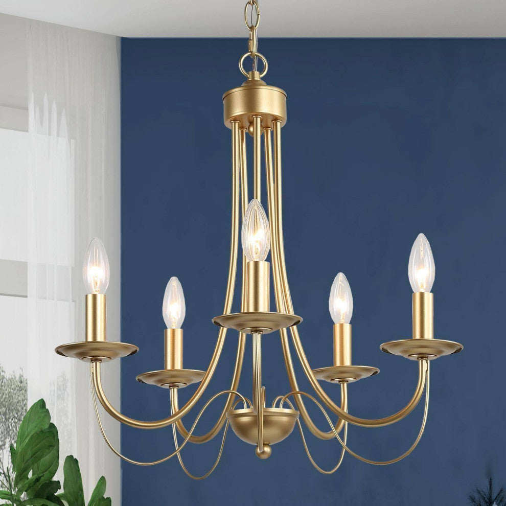 LNC 5-Light Modern Matte Metal Candle-Style Chandelier, Gold