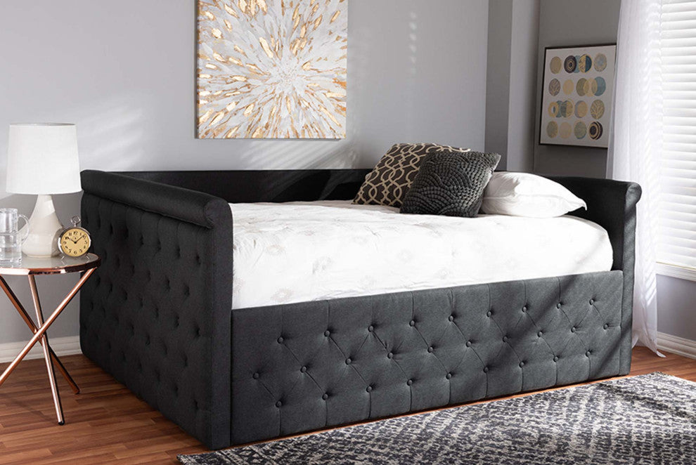 Carolina Fabric Button Tufted Upholstered Daybed, Dark Gray, Queen